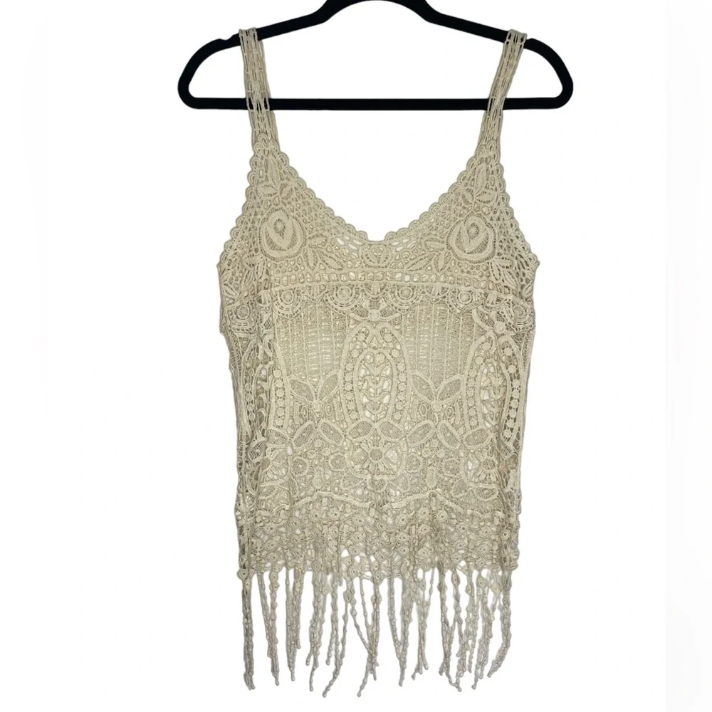 Crochet Fringe Tank Top / Swimsuit Cover Up Size S - Picture 2 of 3